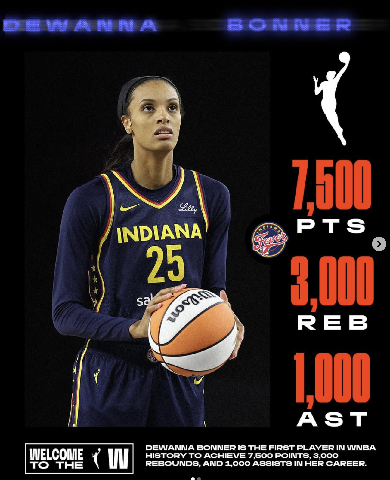 First player to reach 7,500 points, 3,000 rebounds, and 1,000 assists in WNBA history